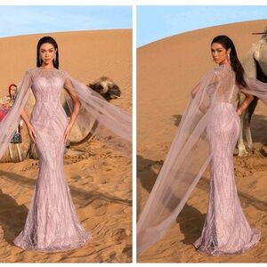 Elegant Pink Beaded Cape-Back Evening Gown